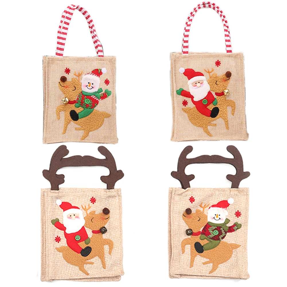 

4Pcs Christmas Decoration Cute Linen Machine Embroidered Tote Bag With Foot Gift Candy Bag Christmas Gift Container