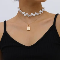 double layer ladies gold zinc alloy long chain padlock pendant necklace acrylic pearl maxi fashion glamour girl jewelry