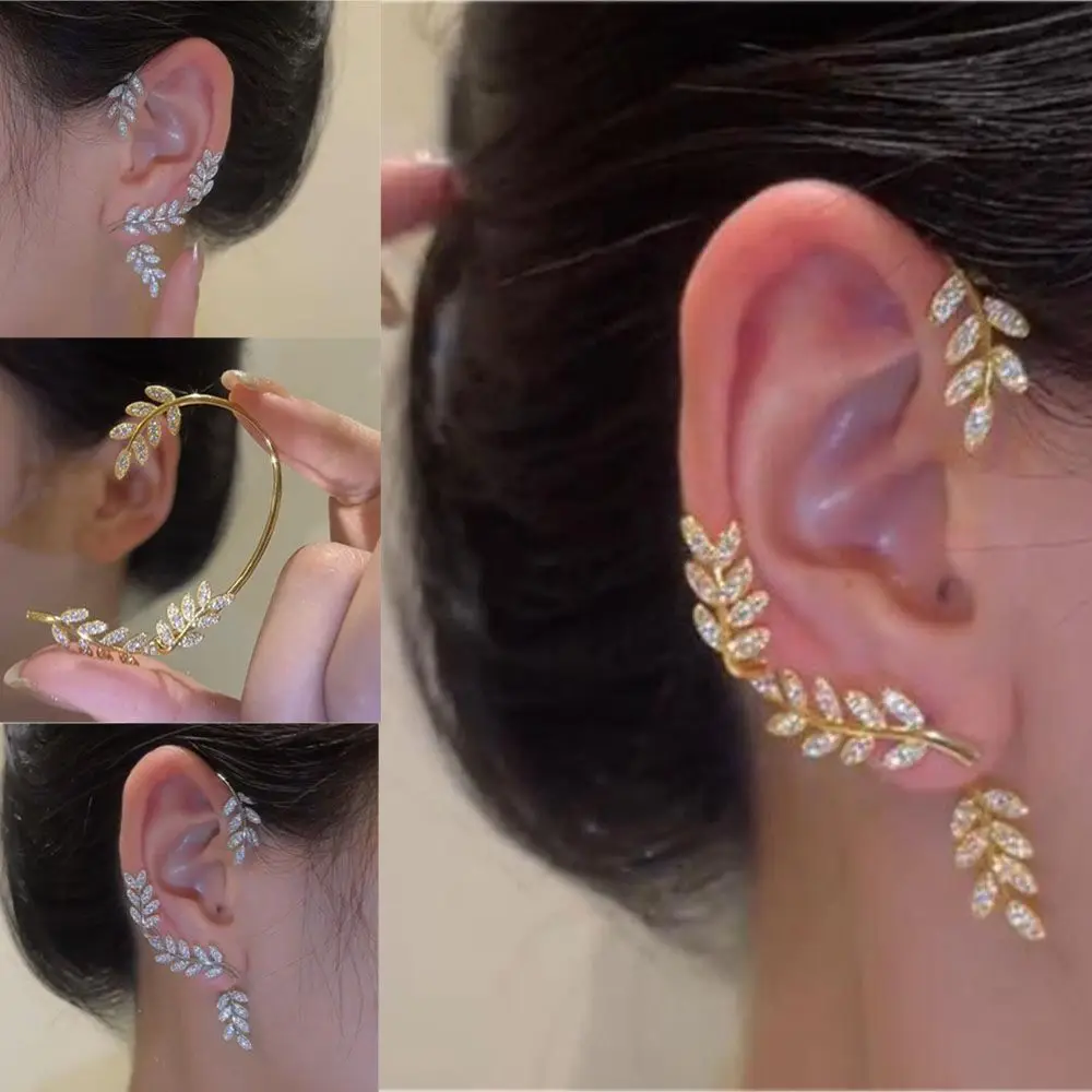 

New No Pierced Jewelry Women Men Non Piercing Leaf Ear Wrap Rhinestones Ear Cuff Tragus Earrings