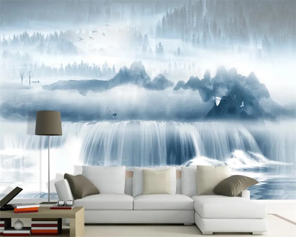 Пользовательские 3D обои чернильный пейзаж лес водопад Плавная вода