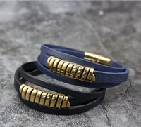 fashion stainless steel charm magnetic black men bracelet leather genuine braided punk rock bangles jewelry accessories friend