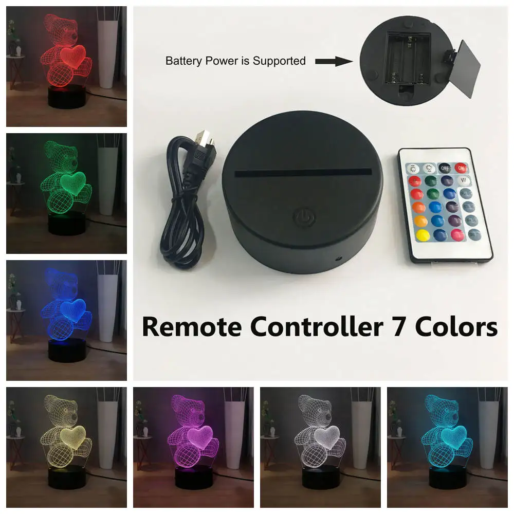 USB Remote 7 colors Милый детский Рождественский подарок USB маленький милый медведь в виде сердца 3D светодиодный RGB Ночной светильник атмосферная настольная лампа для маленьких девочек Декор для спальни - Испускаемый цвет: USB Remote 7 colors
