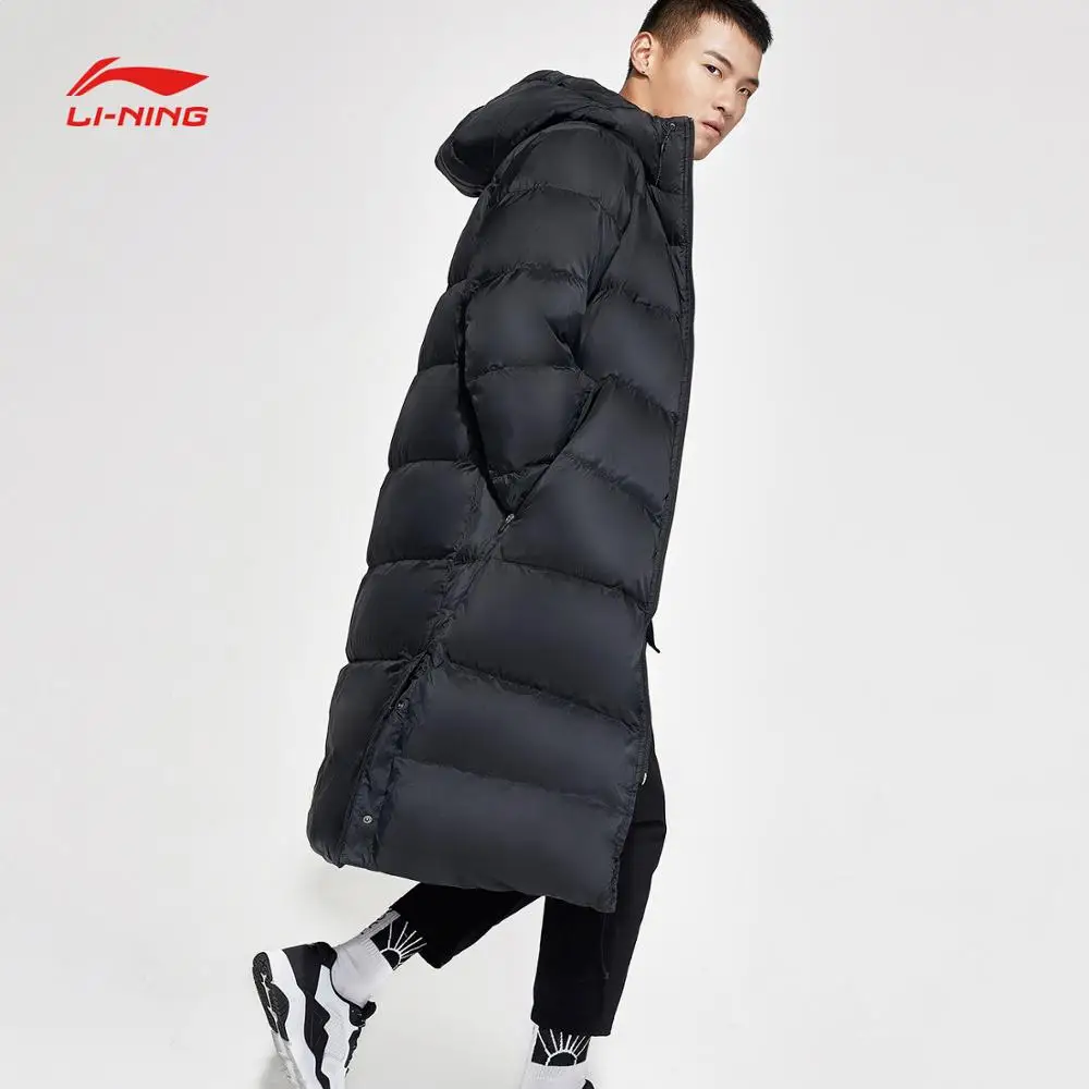 Li-Ning, мужская тренировочная серия, длинное пуховое пальто с защитой, Смарт, 70%, белый утиный пух, подкладка, зимняя спортивная куртка с капюшоном, AYMN055 MWY314