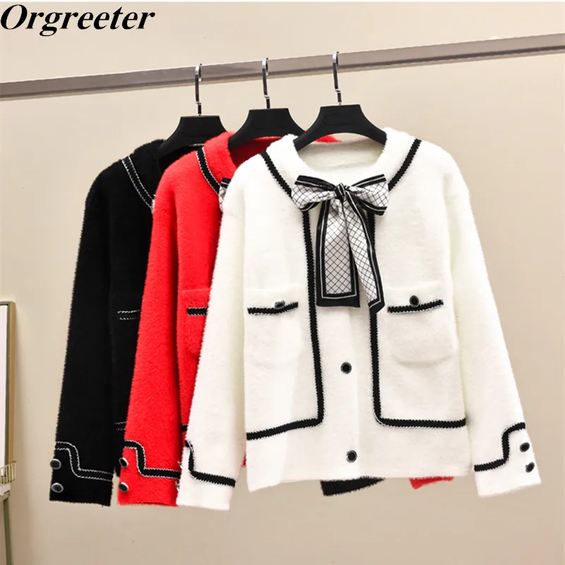 

Small fragrance Bow Tie Up Knitted Cardigan Spring Fall New Soft Imitation mink Single-breasted O-neck Sweater Women's Jacket