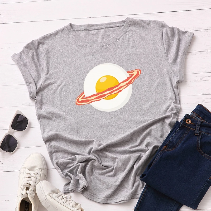 

100% Cotton Plus Size S-5XL Women T-shirts Graphic Tees Female Shirts Summer Tops Poached Egg Bacon Planet Printed Funny T Shirt