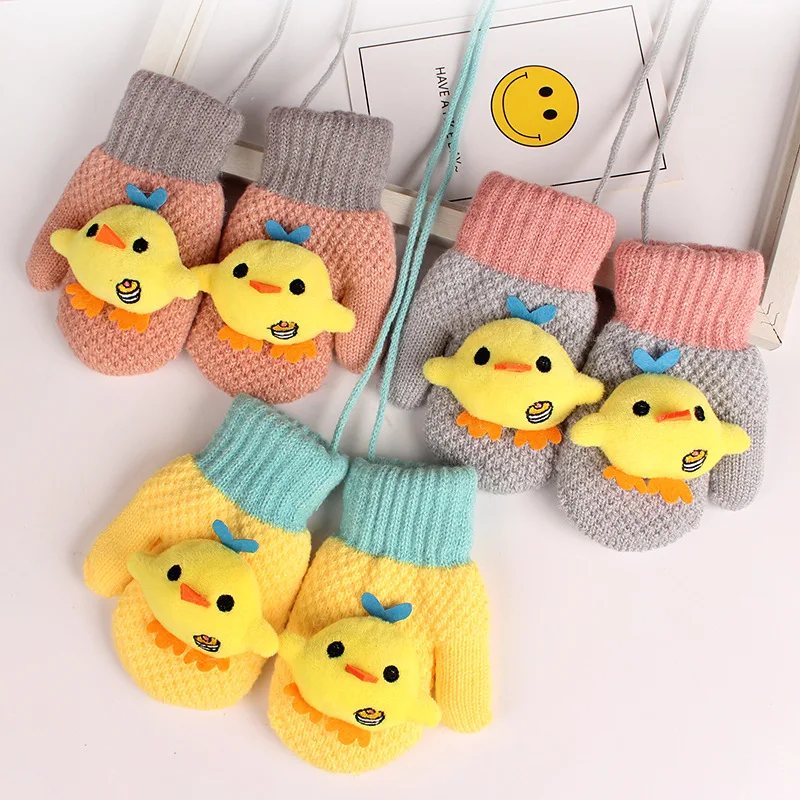 

2-6 Years Cute Yellow Chicken Cartoon Child Gloves Winter Knit Wool Newborn Mittens Velvet Thick Children's Hanging Neck Glove