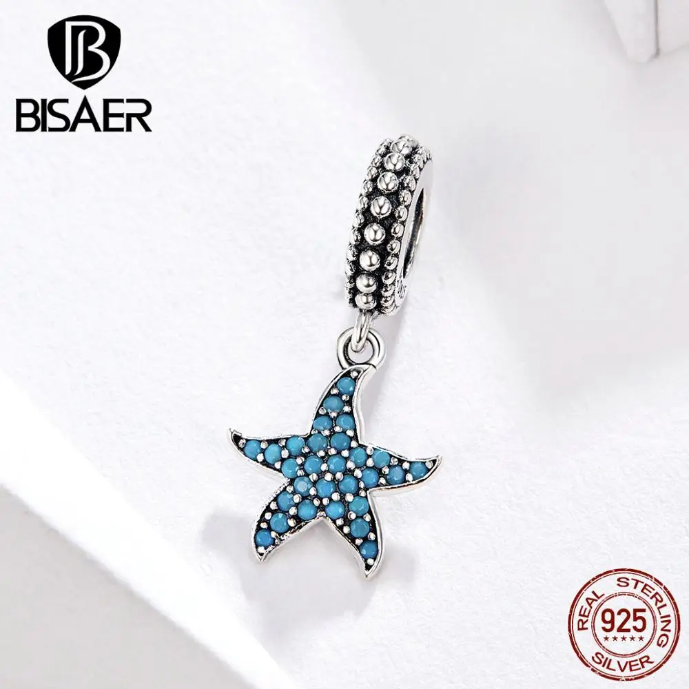 BISAER, новинка, летняя романтическая серия, 925 пробы, серебряная луна, кот, счастливый дельфин, синяя Морская звезда, подвески, подвески, сделай сам, ювелирное изделие HSC1205