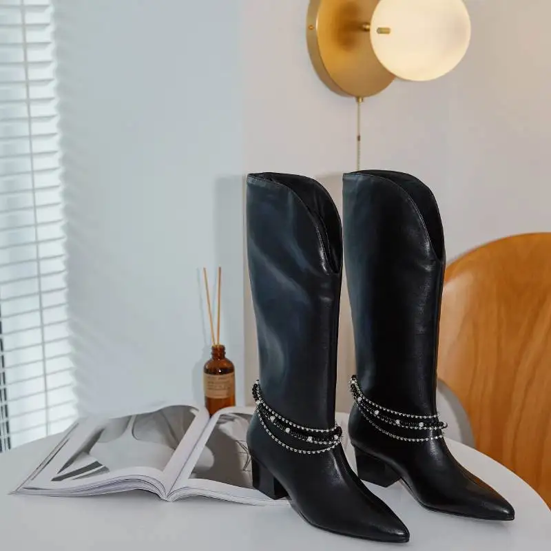 

krazing pot microfiber leather pointed toe med heel zipper pretty girls crystal bling chains decoration dress mid-calf boots L59