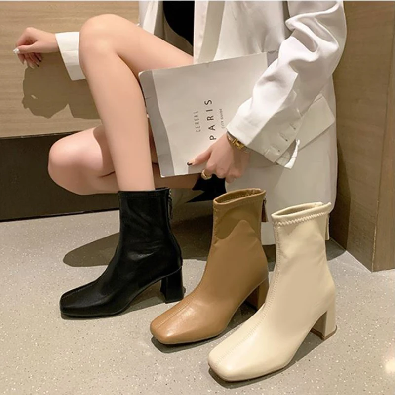 

Classic Zipper High Heel Ankle Boots Square Toe Zipper Short Boots for Women Winter Fashion Plus Velvet Thick-Heeled Ladies Shoe