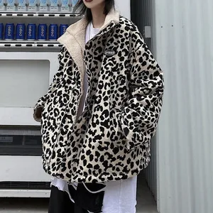 Leopard Print Women Fleece Jackets Motorcycle Jacket Faux Lamb Fur Kawaii Coat Teddy Fur Coat Fleece