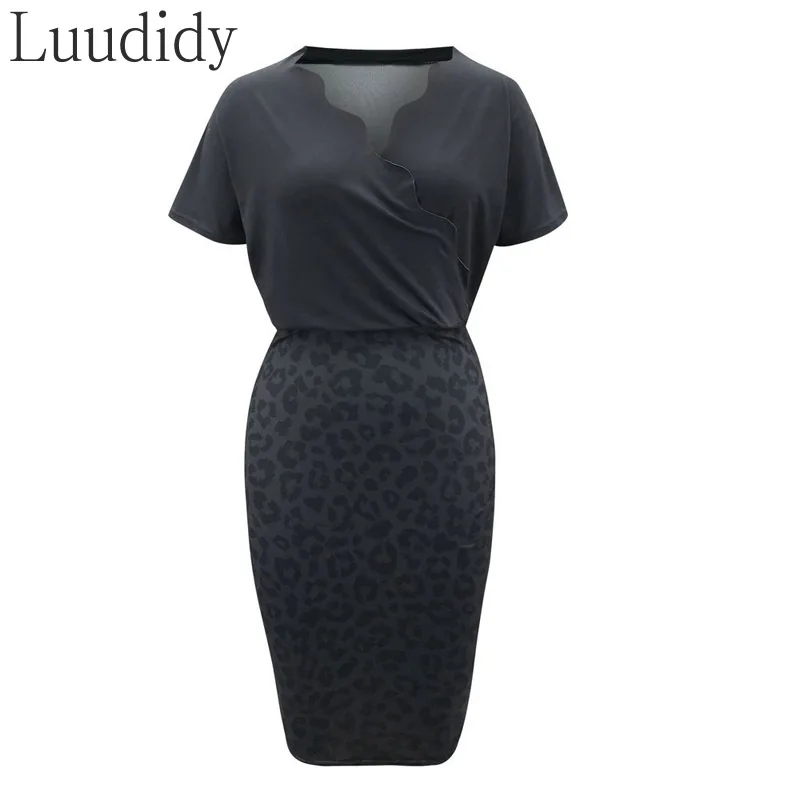 

Women's V-Neck Short Sleeve Leopard Patchwork Slim Sheath Dress Size S-XL