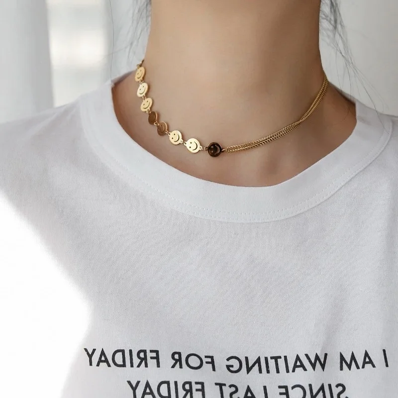 

MEYRROYU Stainless Steel 2021 Trend Gold Color Asymmetric Smile Necklace For Women Gift Birthday Party Fashion Jewelry Wholesale