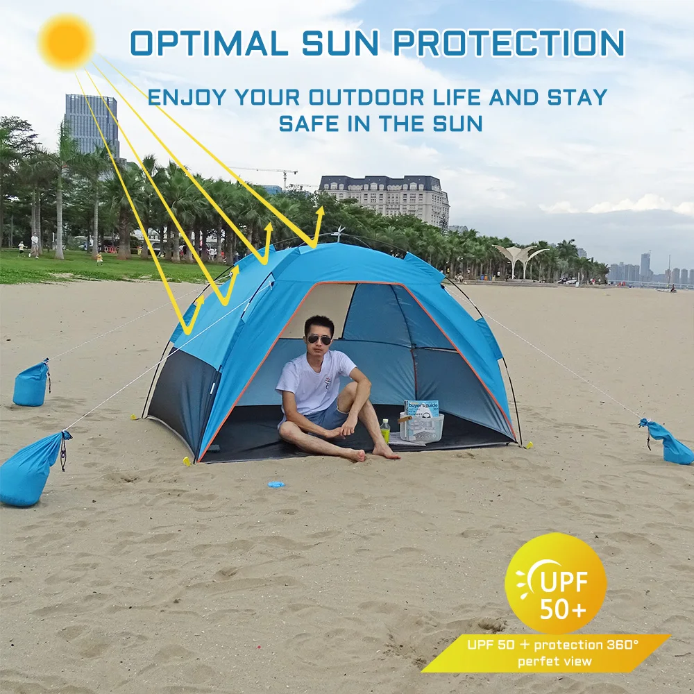 구매 가족 여름 해변 텐트 Sun Shelters With Sandbag Sun Shade UV 접이식 초대형 4 인용 휴대용 캐노피 간편한 설치
