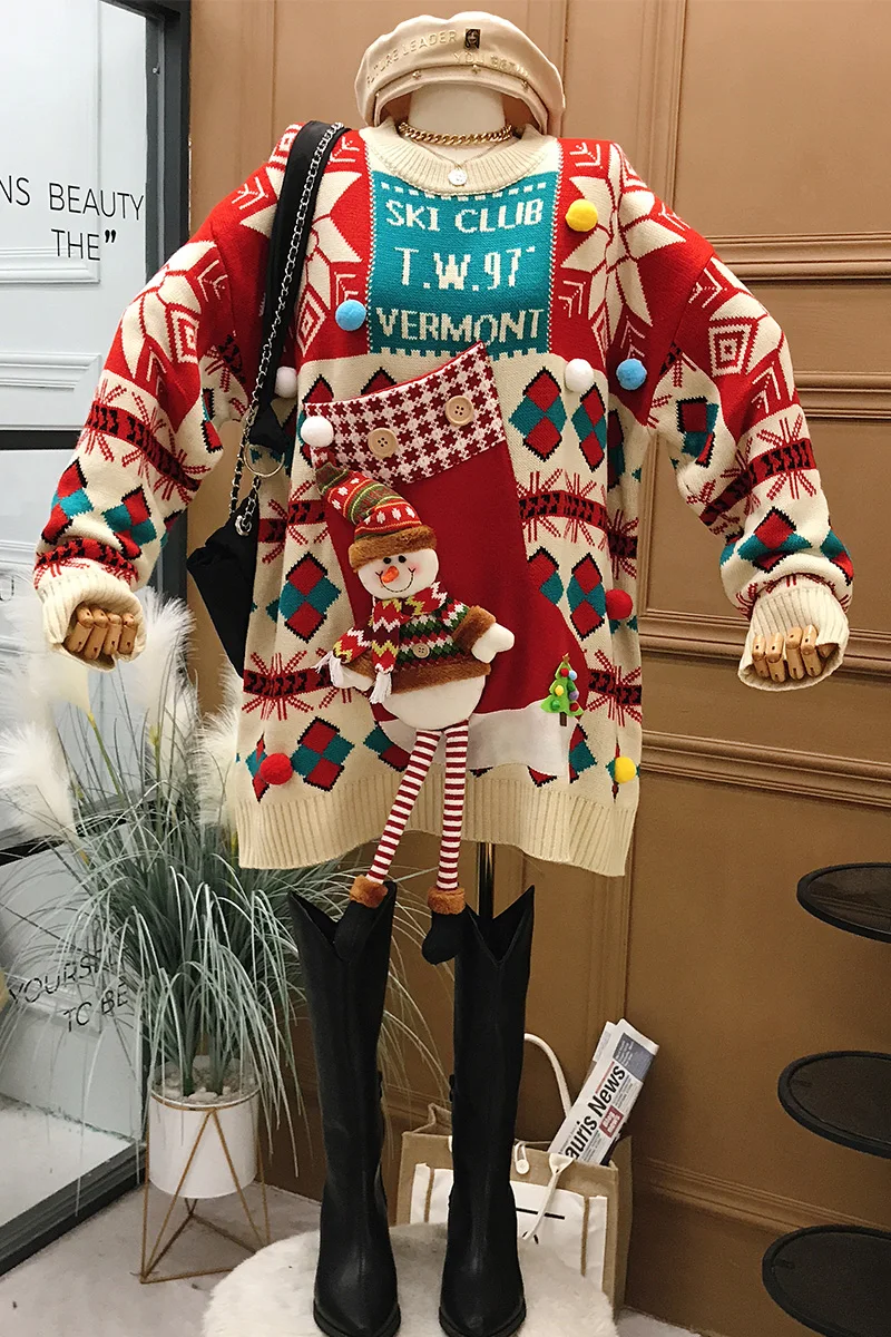 

2021 Lazy Style New High-quality Trend Retro Snowman Pullover Sweater Loose Christmas Red Knitted Sweater Women Knitwear