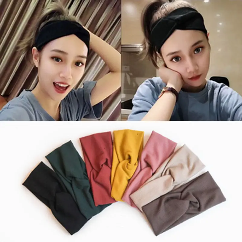 

Women Headband Solid Color Wide Turban Twist Knitted Cotton Hairband Spiral Double Girls Makeup Elastic Hair Bands Accessories