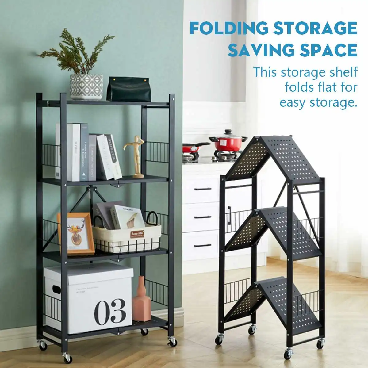 

3Tier 85CM Removable Folding Metal Shelf Kitchen Bathroom Organizer Rack With Wheel Home Office Multifunctional Organizer Holder