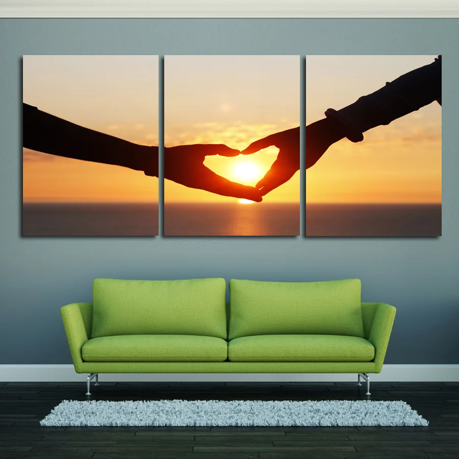 Современный дом Тройная любовь рука МУРАЛ С закатом раньше картина маслом холст