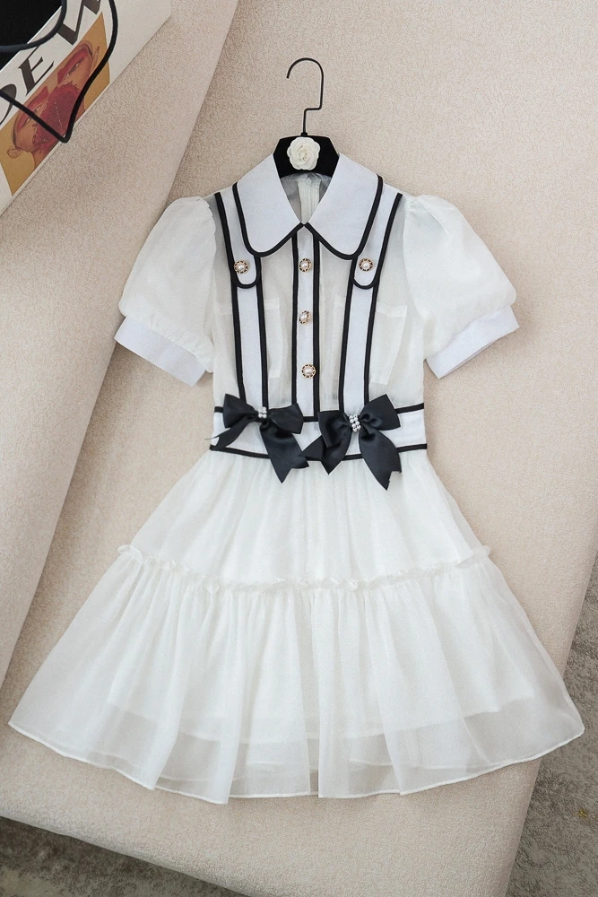 

2021 Summer Women New Short Puff Sleeve Lapel Beaded Bow Short Dress High Waist Mesh Stitching A- Line Sweet Dress