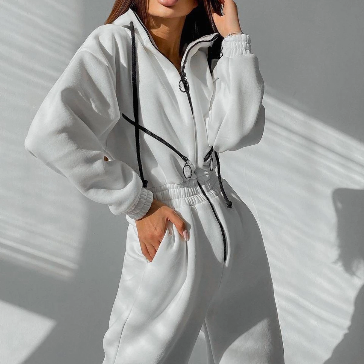 Winter Fashion Elegant Women Basic Hoodie Jumpsuit Solid Hooded Jumpsuits Female Casual High Street Tracksuits One Piece Outfit