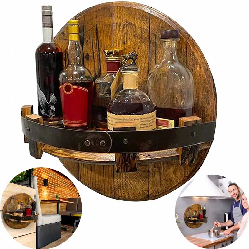 

Bar Vintage Wooden Wine Bottle Holder Round Shelf Wall Mount Whiskey Wine Bottle Shelves Floating Shelve Wall Display Decor Rack