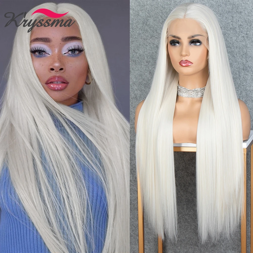 

Kryssma 26" Long Straight Wig White Blonde Lace Front Wigs for Women Glueless Synthetic Wig Heat Resistant Cosplay Lace Wigs