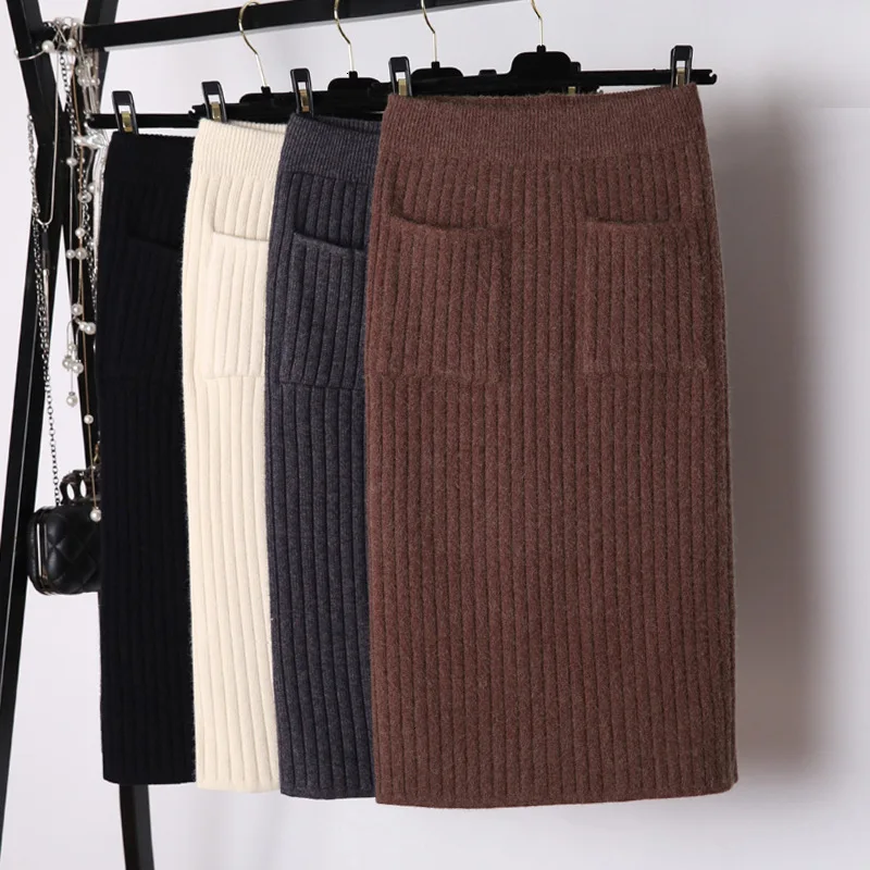 Women Knitted Skirt New Autumn Winter Korean Sexy Pack Hip High Elasticity Knit Pocket Midi Clothing AA967 |