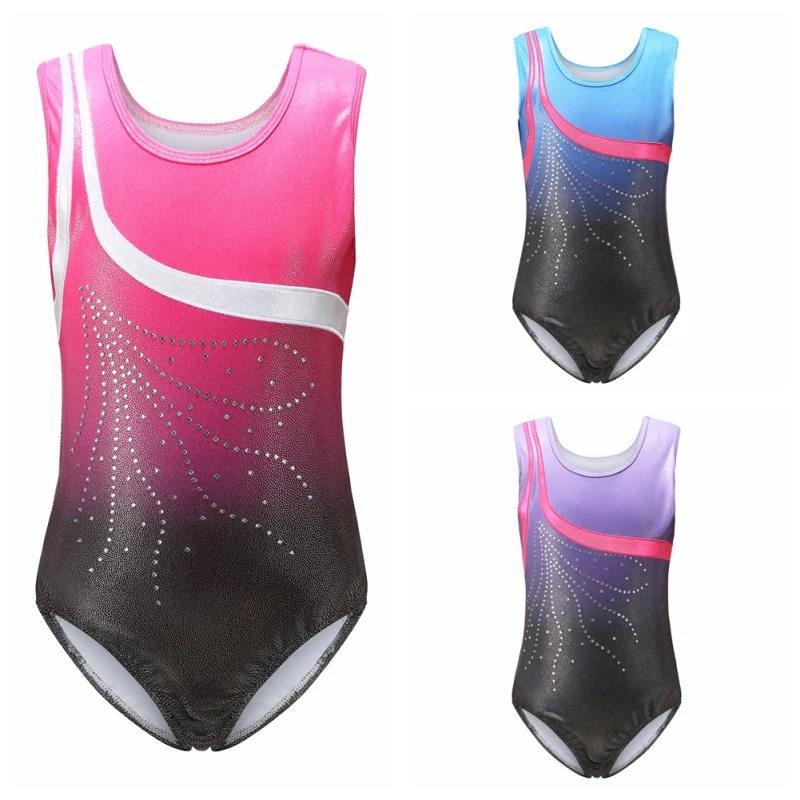 

Girls Sleeveless Ballet Leotard Gymnastics Print Playsuits One-Piece Rhineston Glitter Professional Dance Clothings