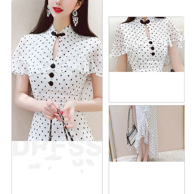 

2020 summer new women's ruffled short-sleeved slim dress female chiffon stitching hollow dress