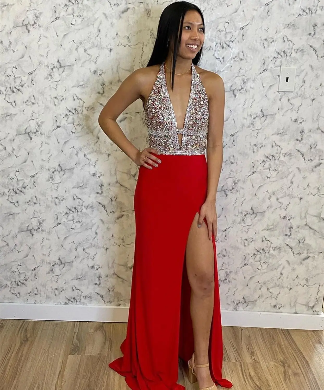 

2020 prom dress crystal beading halter sleeve chiffon women party gown side slity shiny vestidos de festa