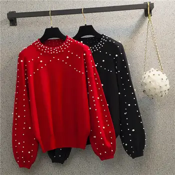 Autumn winter women Temperament sweaters and pullovers long sleeve casual Pearl sweater Large size knitted jumpers Sweater 1