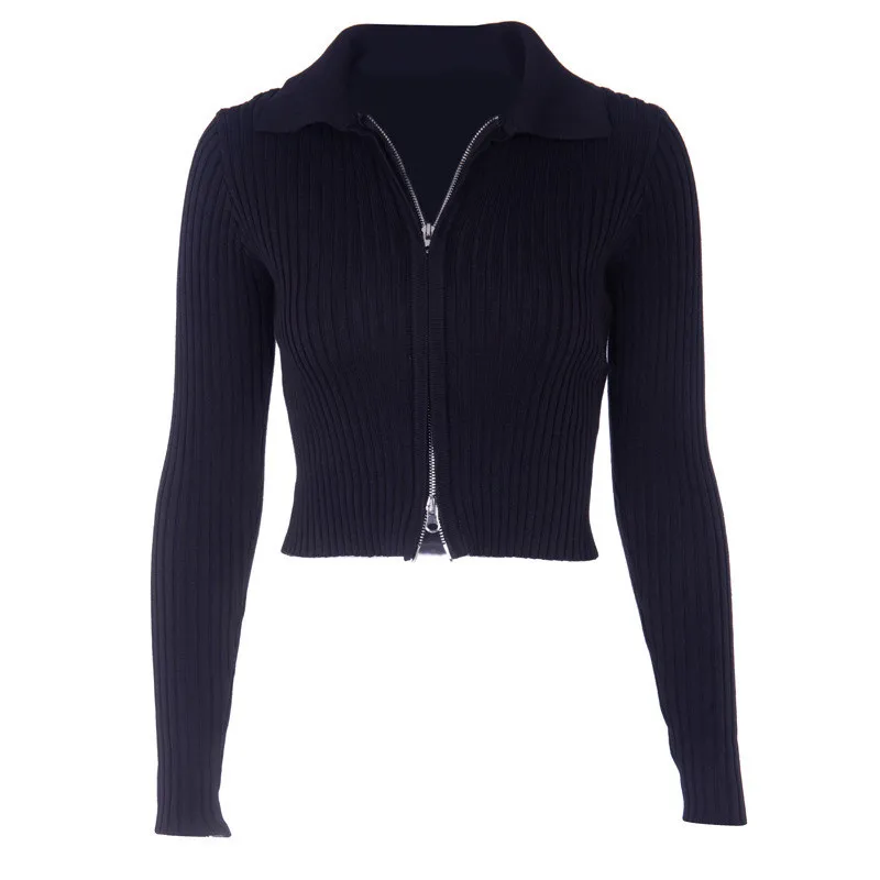 

Two Sides Zipper Sweater Women's Top New Spring and Autumn Slim Wild Short Lapel Long-sleeved Shirt Female Top NS1976