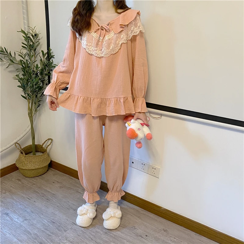 

CBAFU spring summer lace cute pajamas set women nightwear long sleeve top pants homewear clothes cotton vintage home suit M562