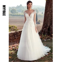 white ivory tulle wedding dress long sleeves lace appliques bride dress illusion a line bridal wedding gowns vestido de noiva