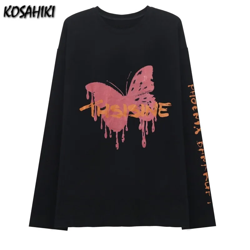 

KOSAHIKI Harajuku Man Long Sleeve T-shirt Women Summer Tops 2021 Butterfly Graphic Tees Shirt Japanese Style T Shirt Clothes