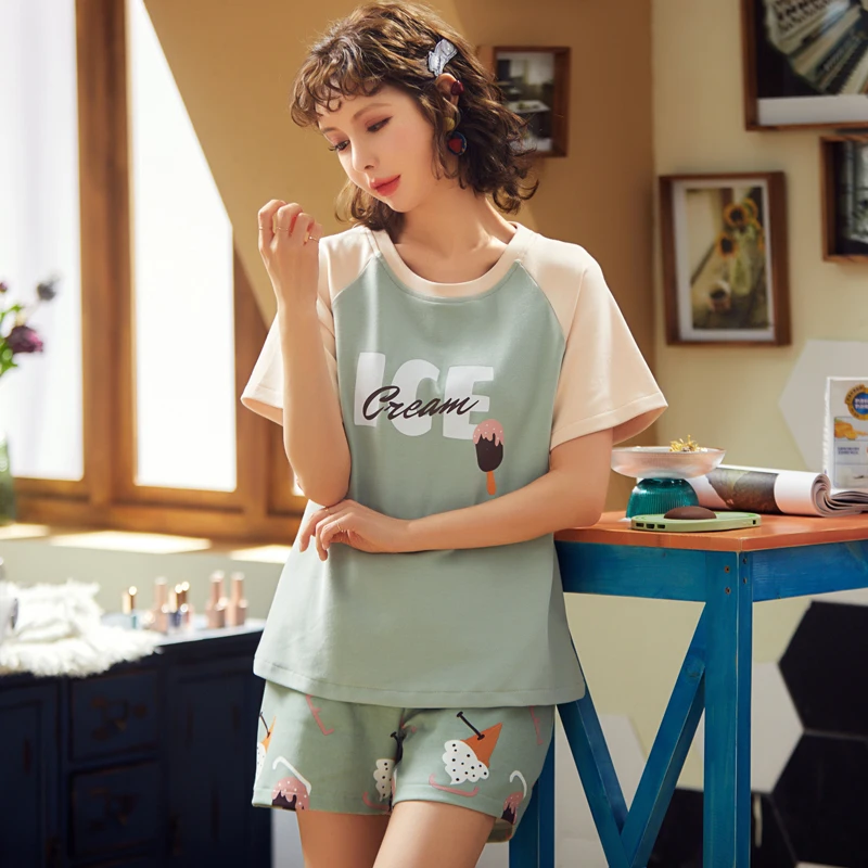

Cartoon Print Pijama Women's Casual Simple Comfort Cotton Short Sleeve Sleepwear Nightwear Set Femme Pyjama Home Wear Clothes