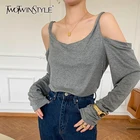 TWOTWINSTYLE, Повседневная футболка с открытыми плечами для женщин, круглый вырез, длинный рукав, Джокер, футболки, женская мода, новая одежда, осень 2021