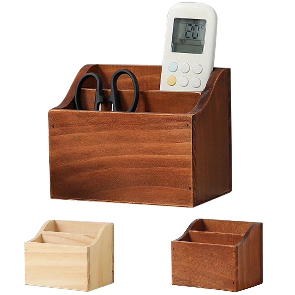 

2 Grid Jewelry Container Retro Wooden Storage Box Stationery Remote Control Headphone Cable Cell Phone Desktop Storage Box
