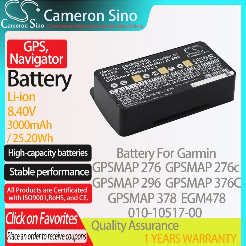 

CameronSino Батарея для Garmin GPS карта 276 276c 296 376C 378 EGM478 100054300 подходит для Garmin 010-10517-00 GPS, аккумулятор для навигатора Батарея