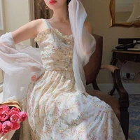spaghetti strap dress women french elegant vintage floral dress sweet 2021 summer fashion clothing party one piece dress korean