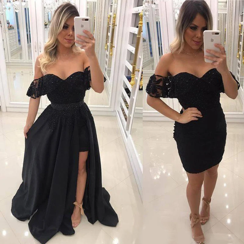 

2020 Vintage Arabic Black Two Pieces Prom Dresses Long Off Shoulders Lace Beaded Sheath Mini Short Prom Evening Gowns With Satin