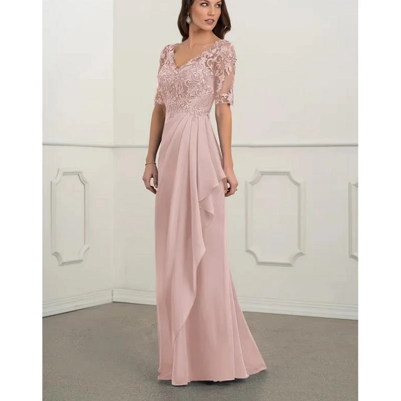 

Lace Chiffon Half Sleeves V-Neck Floor-Length A-Line Wedding Party Mother Of The Bride Dresses Custom Made