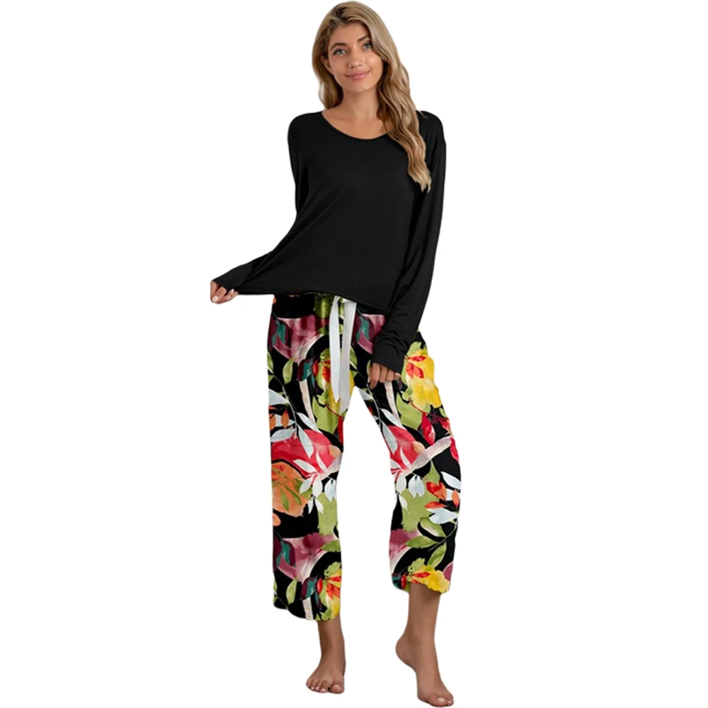 

Autumn Women Pajamas Set Soft Solid O-neck Basic Top+Floral Drawstring Pants Long Sleeve Loungewear Pullover Sleepwear CXDSW1