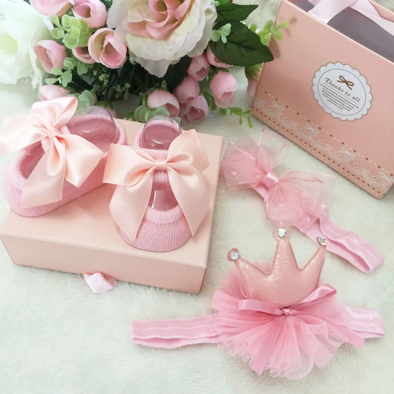 Детские носки и повязка на голову милый комплект кружевные с лентой для волос