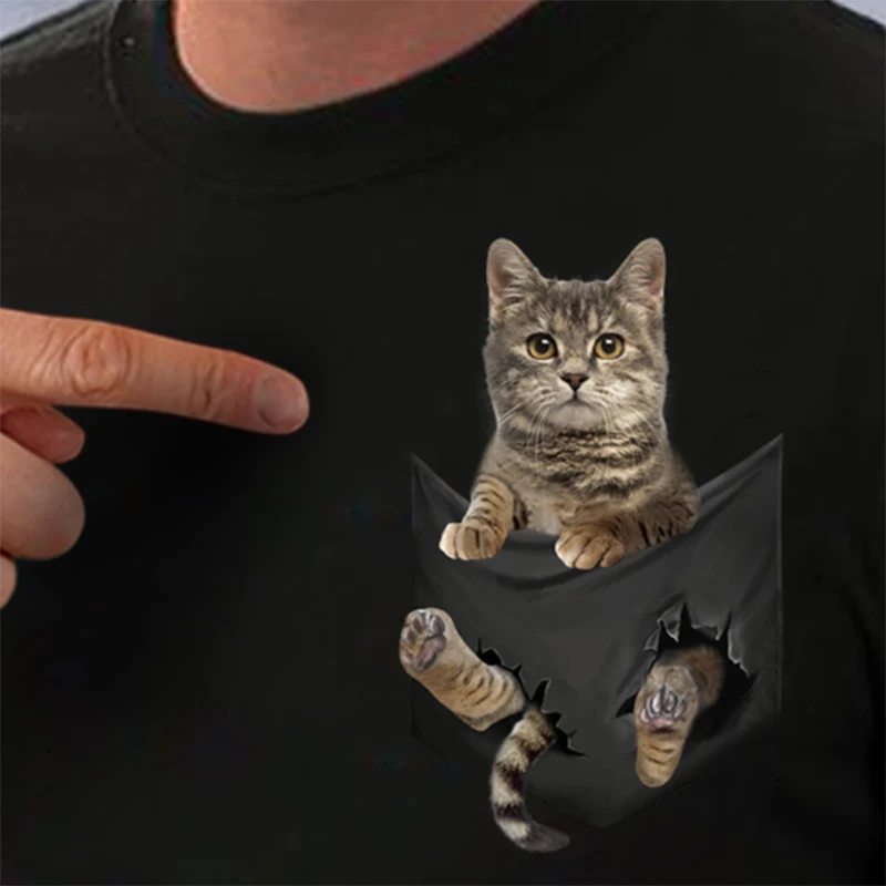 CLOOCL Cotton T-Shirt Fashion White Turkish Angora Cat in Pocket Casual Harajuku Unisex Tops Drop Shipping | Мужская одежда
