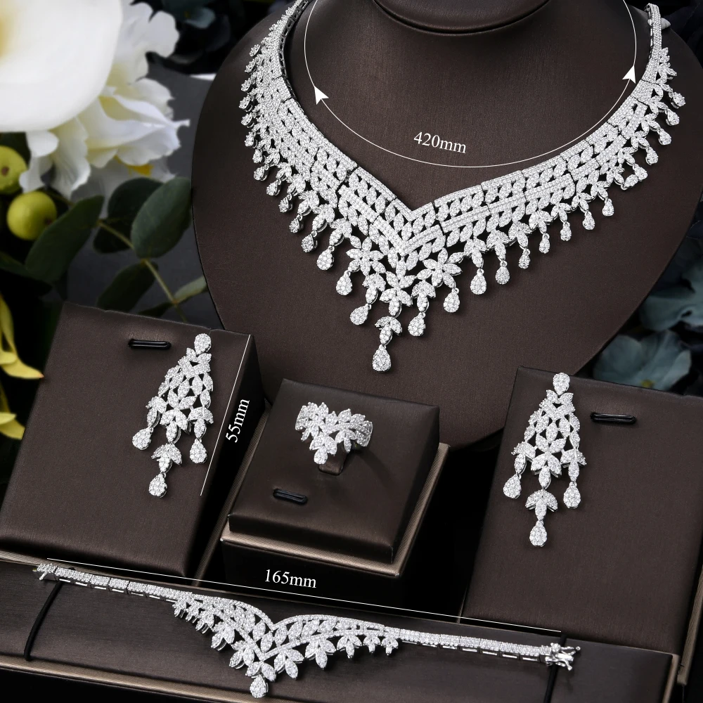 

missvikki Luxury Noble Nigerian Indian Women Bridal Wedding Full Cubic Zirconia Necklace Bangle Earrings Ring 4PCS Jewelry Set