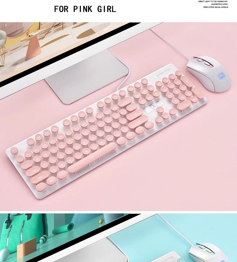 Розовый ретро Проводная игровая клавиатура и мышь комплект круглый Keycap стимпанк клавиатура мультимедийная Кнопка 1800 dpi Мышь для ПК ноутбука