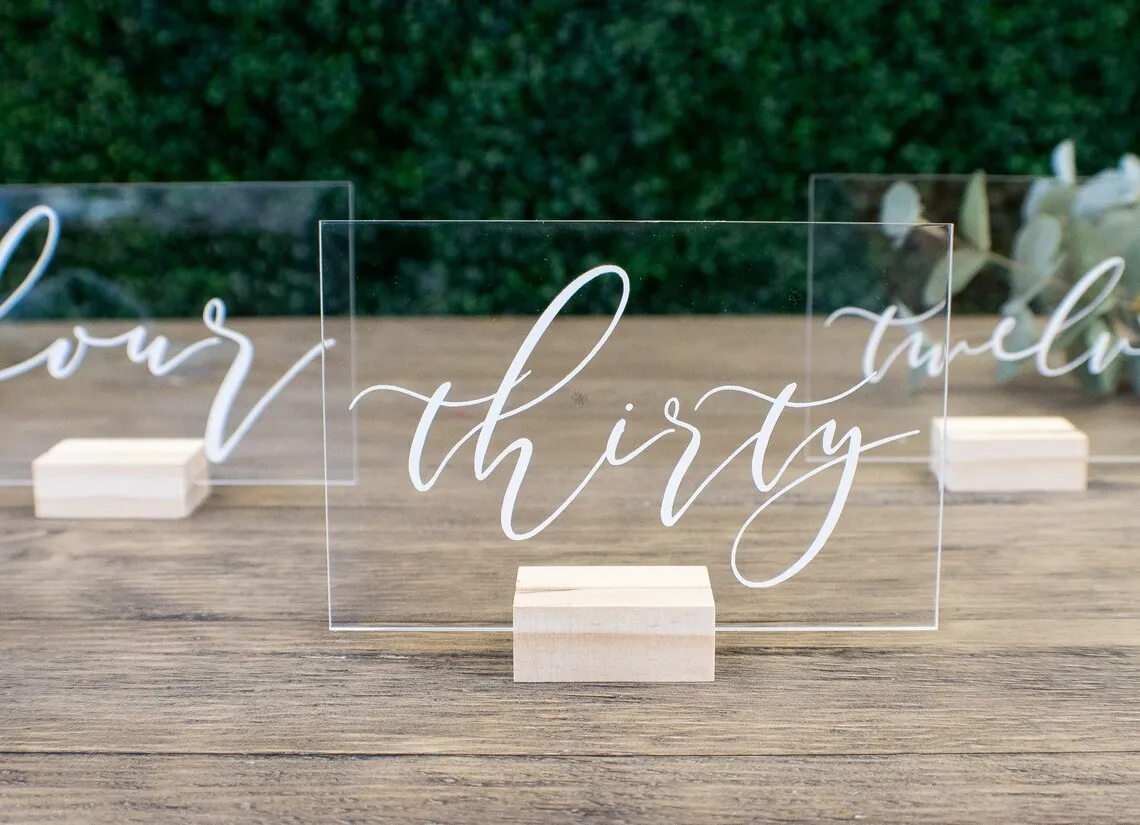 

Rustic Clear Wood Table Number Stand,Wedding Table Numbers with Holders,Clear Acrylic Calligraphy Signage,Decorations for Table