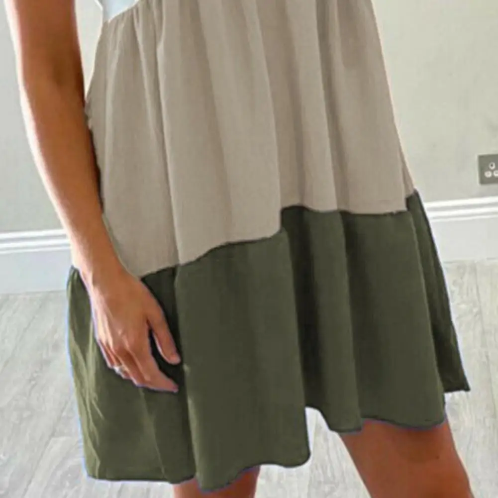 

Summer Casual Mini Dress Color Block V Neck Skin-friendly Women Short Sleeve Large Hem Ruffles Dress for Dating