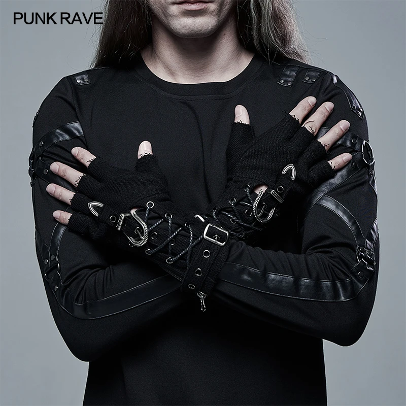 PUNK RAVE Men's Punk Rock Handsome Cool Soft Fingerless Gloves Fashion Novelty Club Black Gloves 1 Pairs
