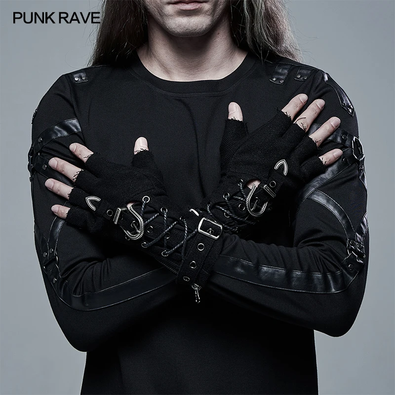 

PUNK RAVE Men's Punk Rock Handsome Cool Soft Fingerless Gloves Fashion Novelty Club Black Gloves 1 Pairs